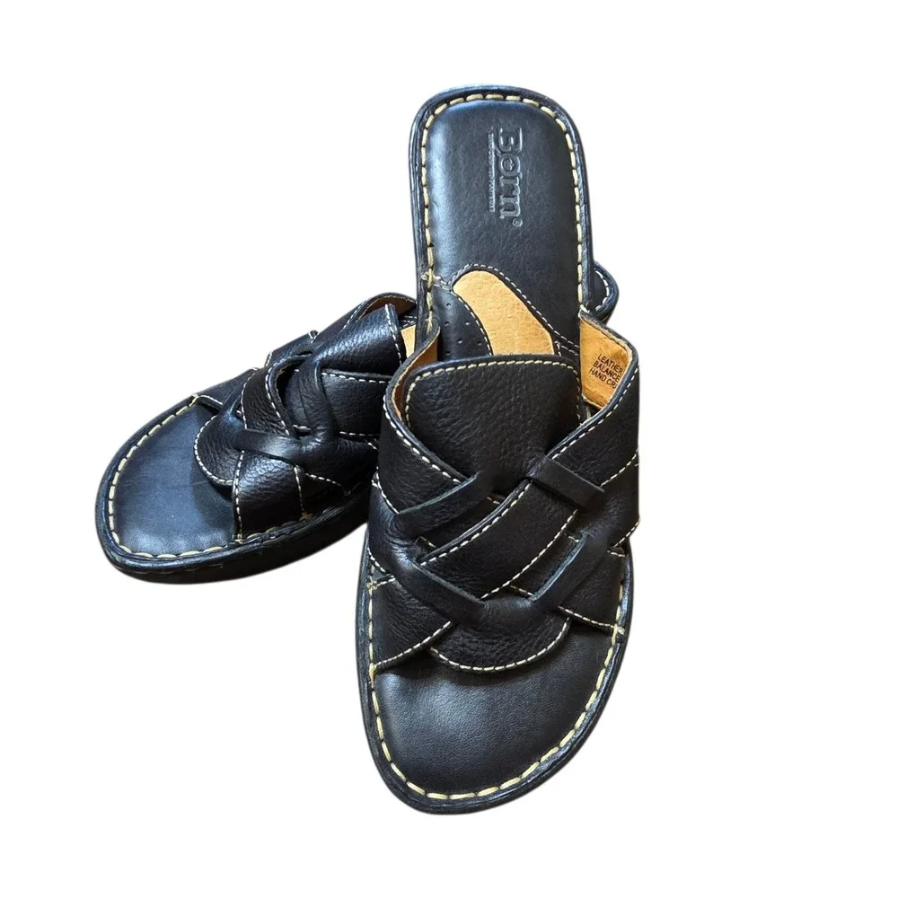 Born Black Leather Woven Wedge Sandals Slides Comfort‎ Shoes Women's Size 8 / 39